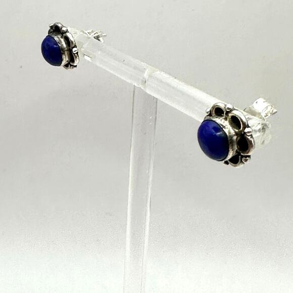 Lapis Lazuli Flower Stud Pierced Earring 925 Sterling Silver Boho Bohemian - Picture 3 of 9